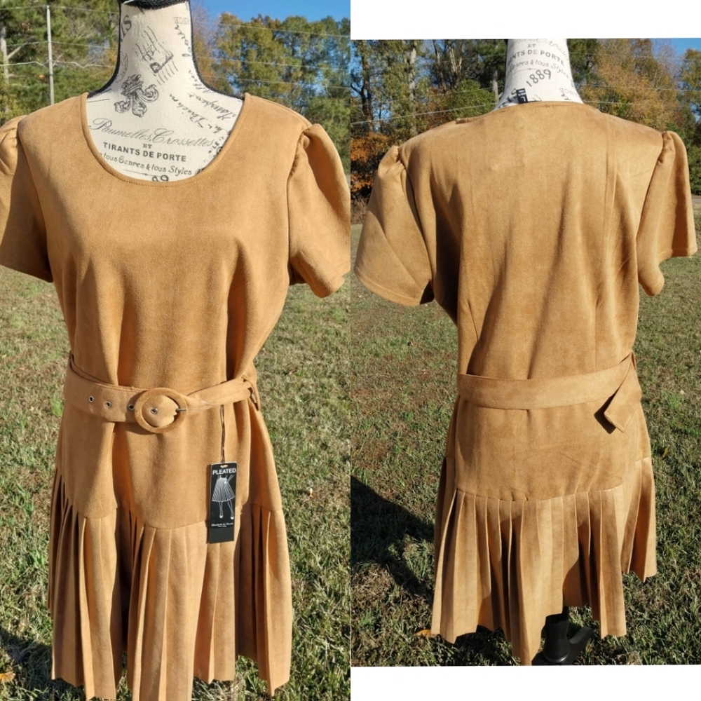 NWT Tan Suede Pleated Dress with Belt/L